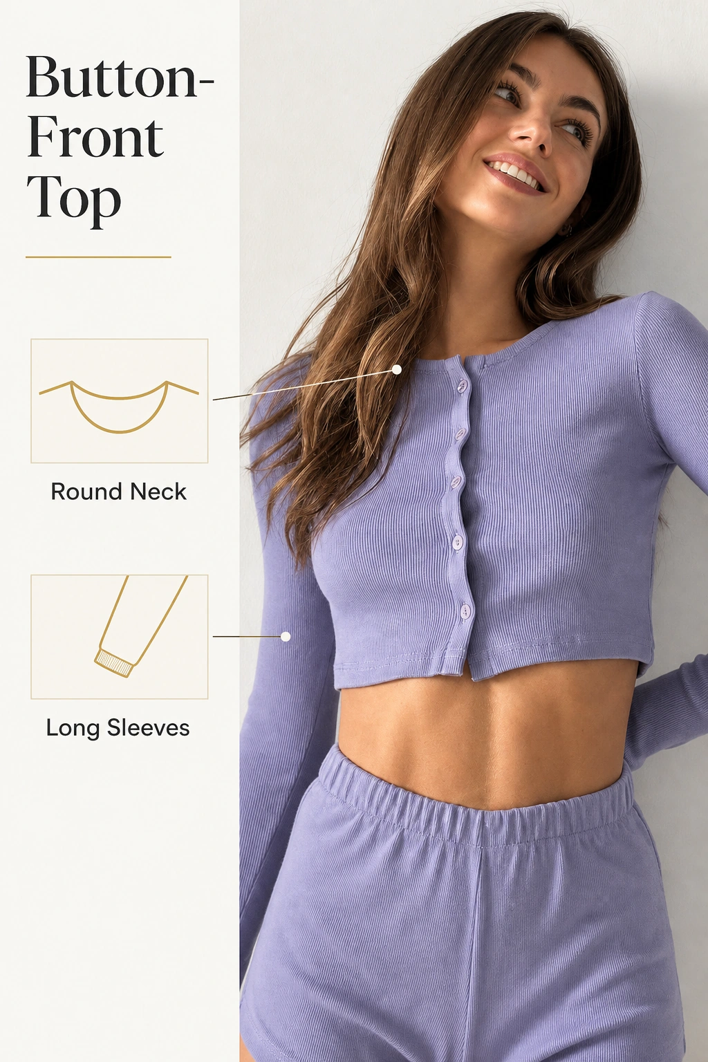 Pale-purple button-front top with round neck and long sleeves shown on a model