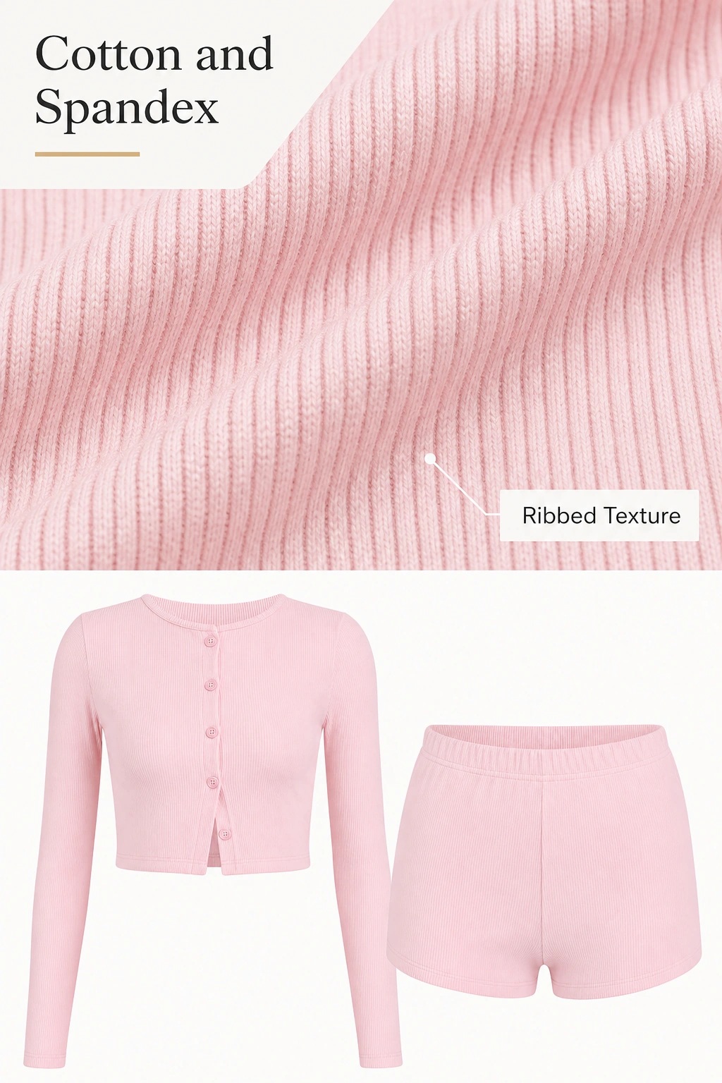 Pink ribbed fabric close-up with the matching top and shorts below and labels for cotton and spandex