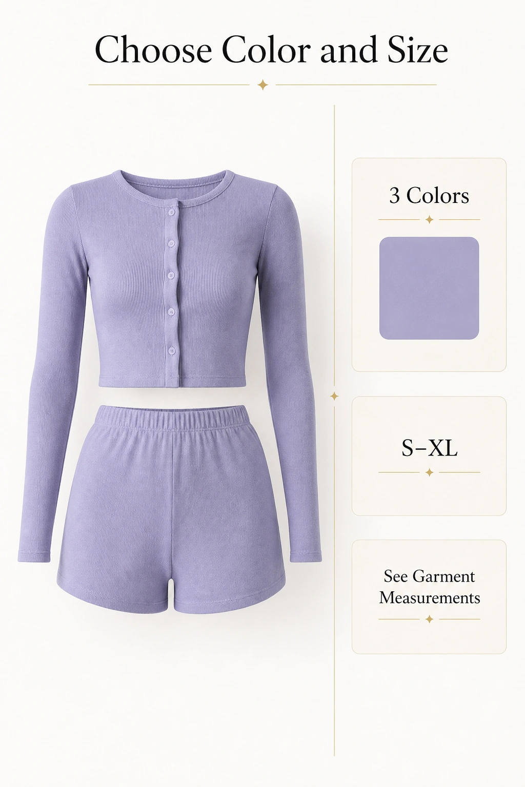 Pale-purple matching set graphic with three color choices, sizes S to XL and a garment-measurement reminder
