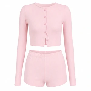 Women's Ribbed Button-Front Top and Shorts Set