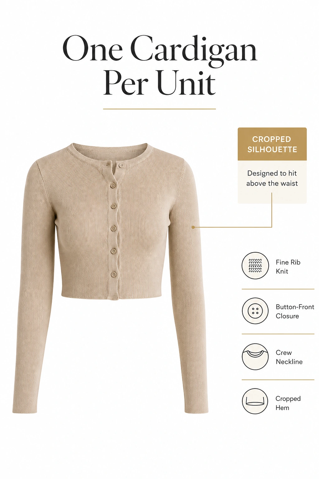 One beige cropped cardigan shown from the front with a cropped silhouette