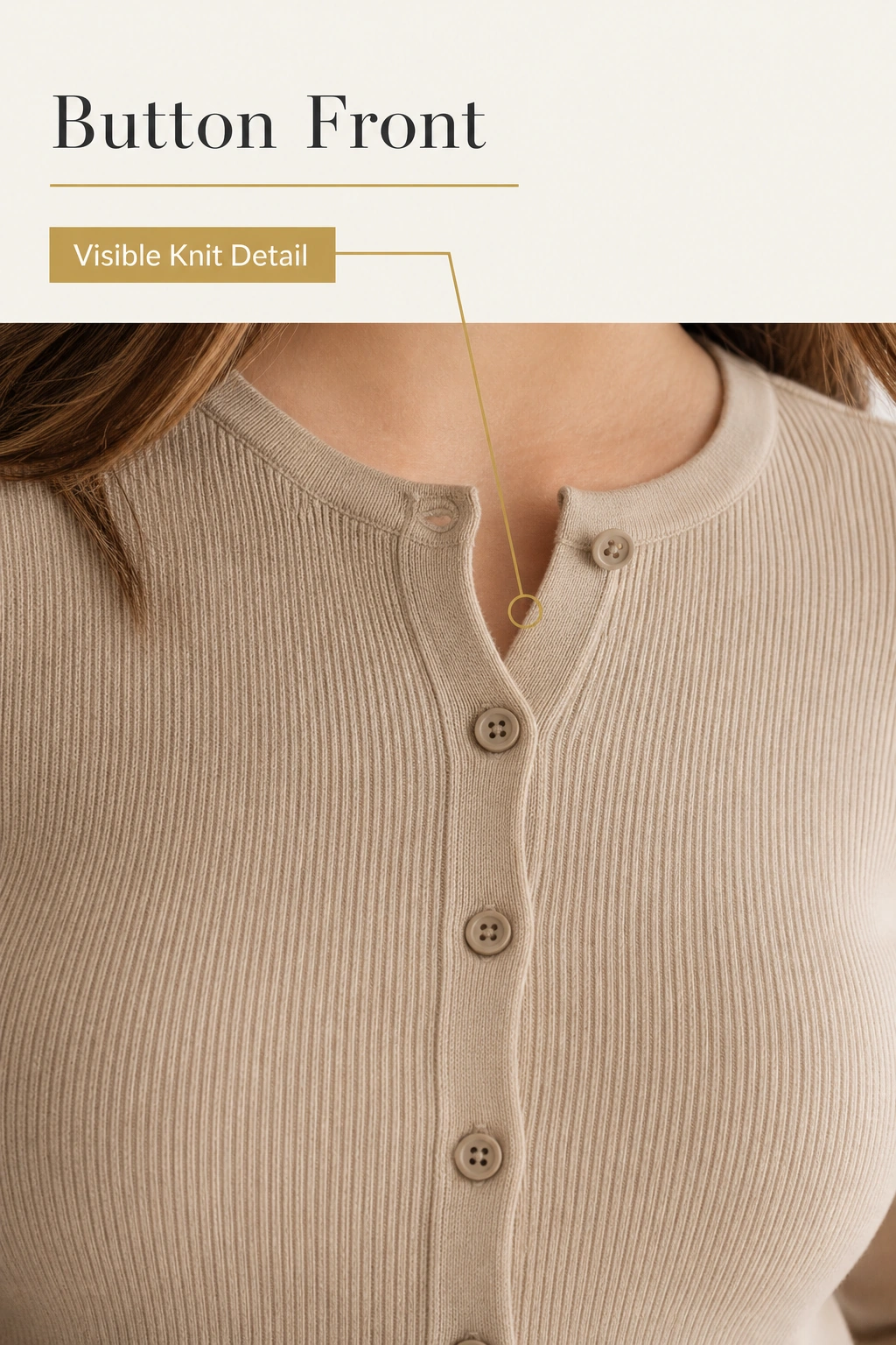 Close view of the beige cardigan's button front and visible knit detail