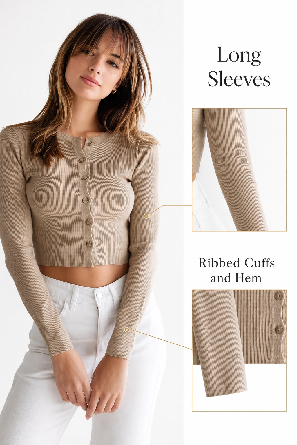 Beige cardigan detail showing long sleeves and ribbed cuffs and hem
