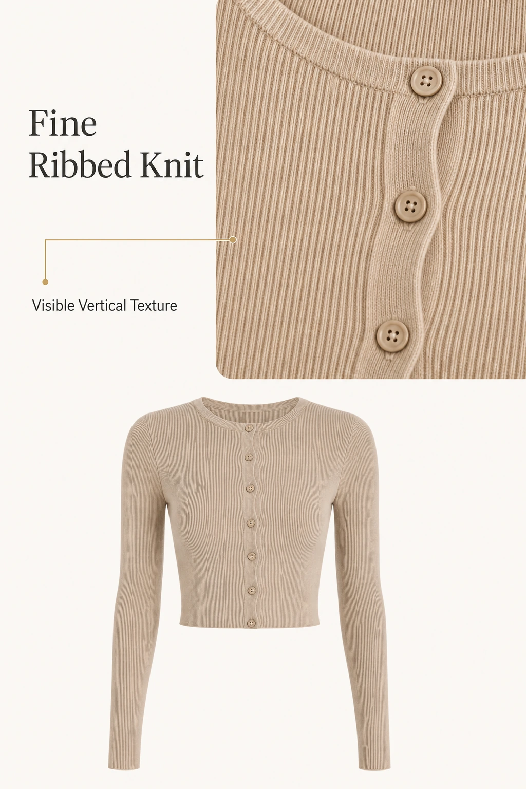 Beige fine ribbed knit and three matching buttons above the full seven-button cardigan