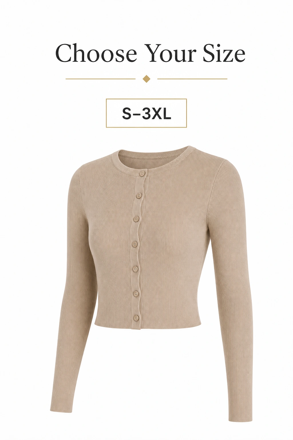 One beige cropped cardigan beside the graphic text “Choose Your Size” and size labels S to 3XL