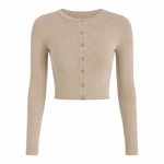 Front view of a beige cropped knit cardigan with a round neck and seven small matching buttons on white