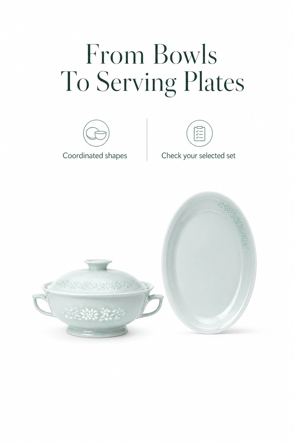 Celadonterrine mit Deckel neben einer aufgestellten ovalen Platte und Hinweis zur Prüfung des gewählten Sets