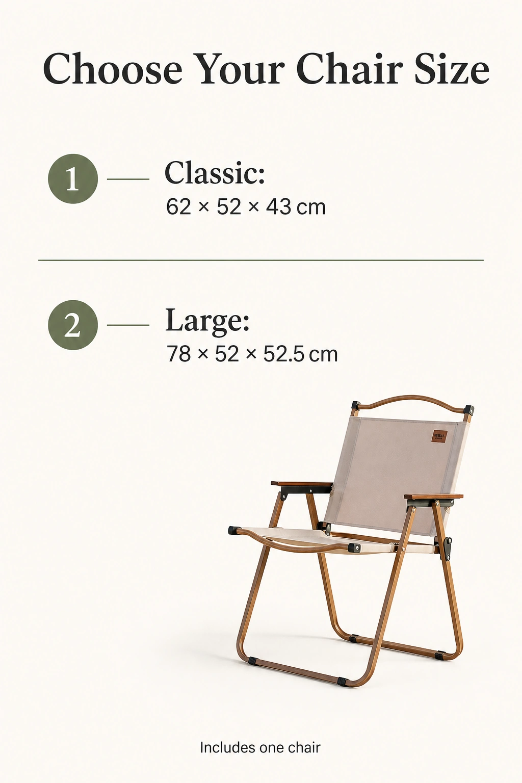 Maße von Classic und Large; ein Stuhl enthalten