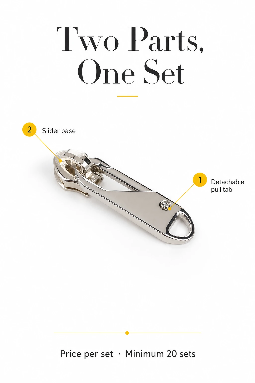 One assembled silver-tone set with callouts for 1 detachable pull tab and 1 slider base; graphic states minimum 20 sets and price per set.