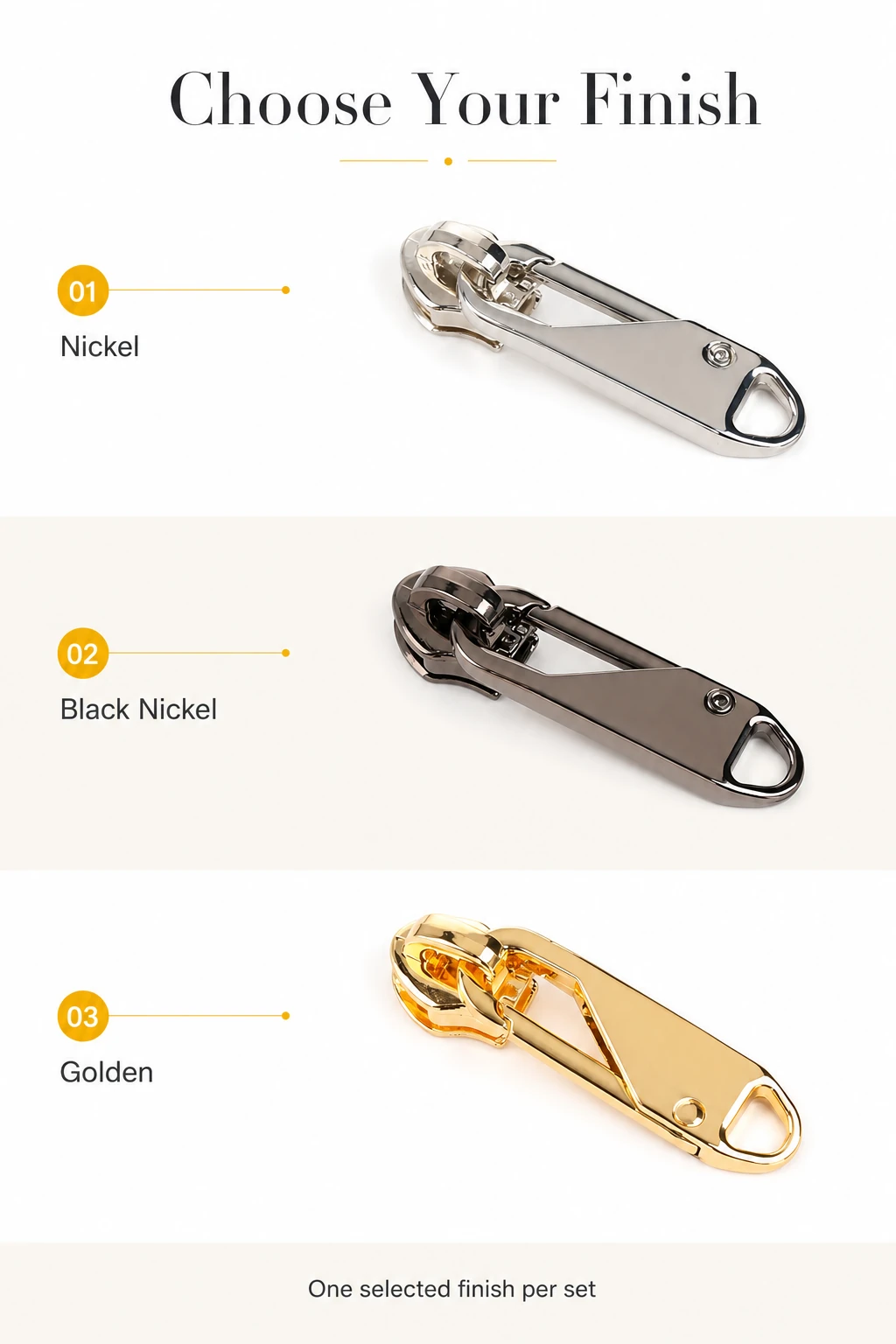 Graphic listing Nickel, Black Nickel and Golden finishes, with one selected finish per set.