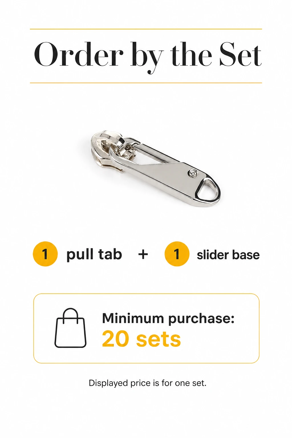 Order graphic showing 1 pull tab and 1 slider base per set, a 20-set minimum and price per set.