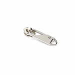 Assembled silver-tone detachable zipper pull tab and slider base shown on white.