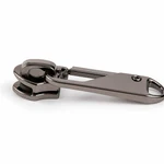 Close-up of the gunmetal slider base and the pull tab hook connected at its bridge loop.
