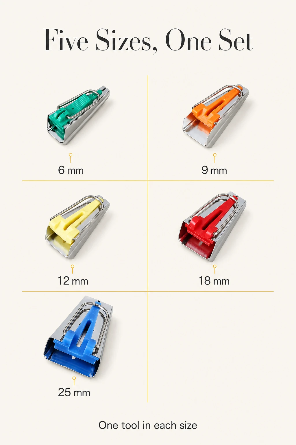 Five color-coded tools with 6, 9, 12, 18 and 25 mm labels