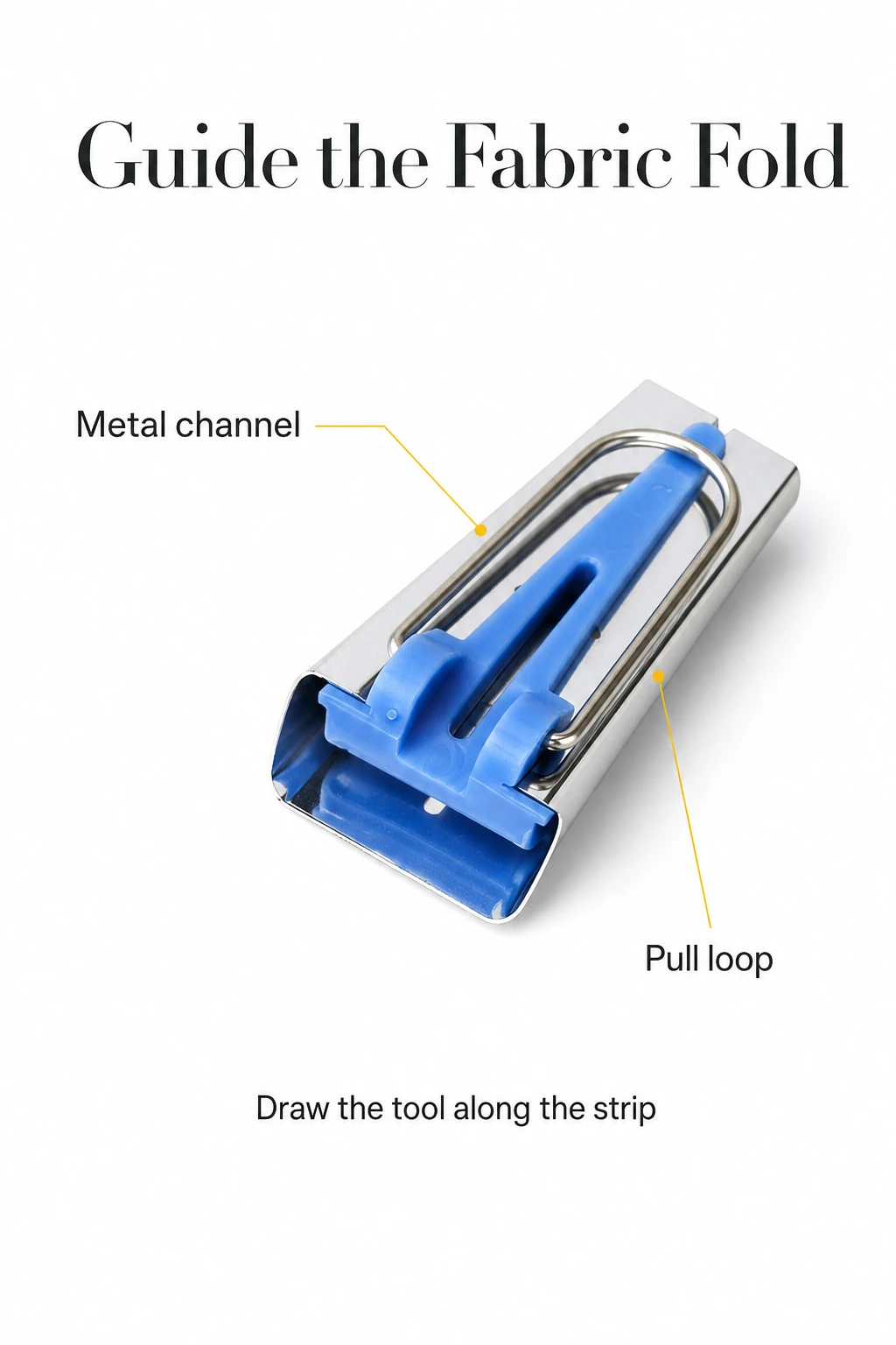 Blue tape maker with callouts for its metal channel and pull loop