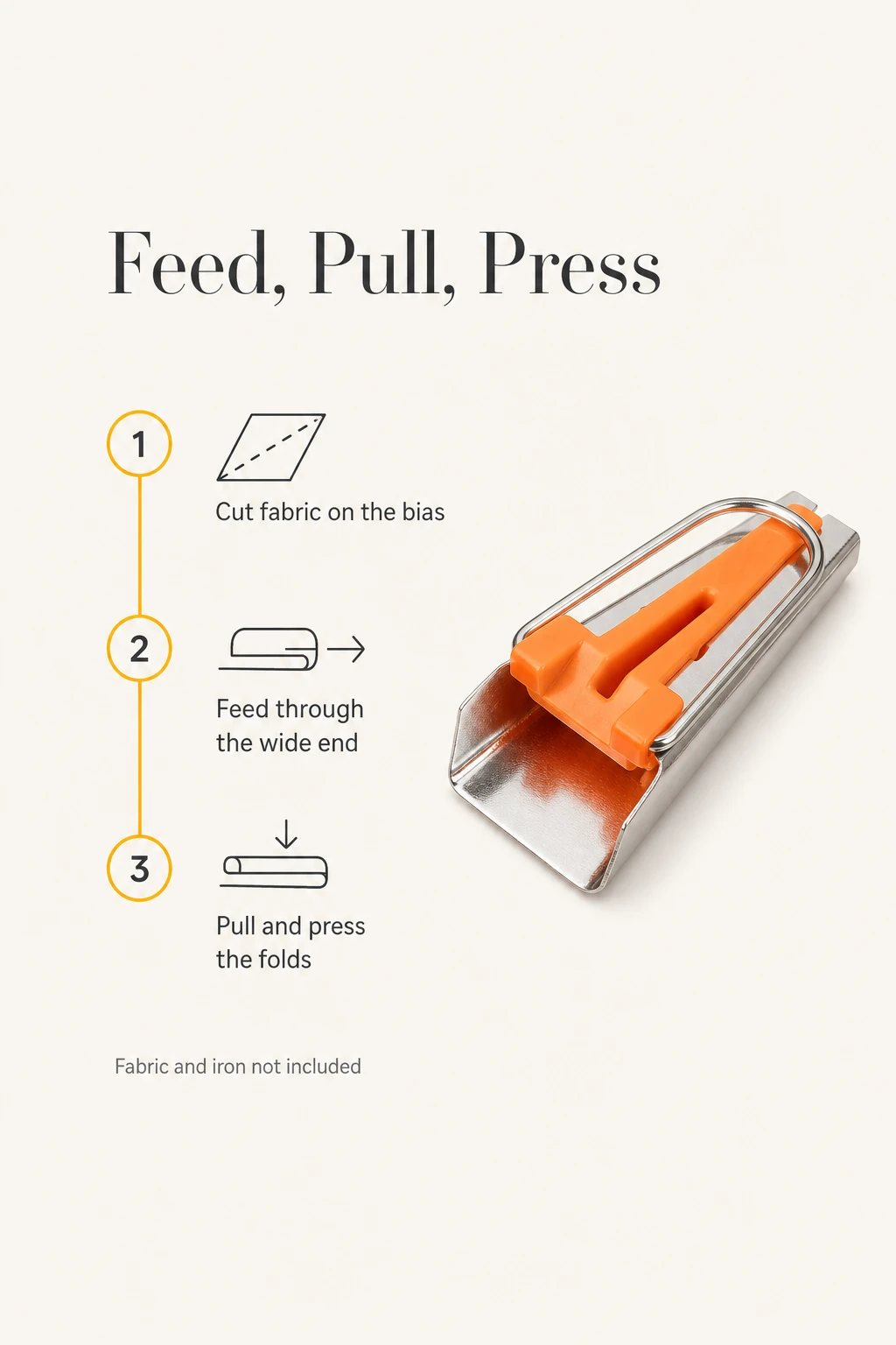 Orange tape maker beside a three-step feed, pull and press guide