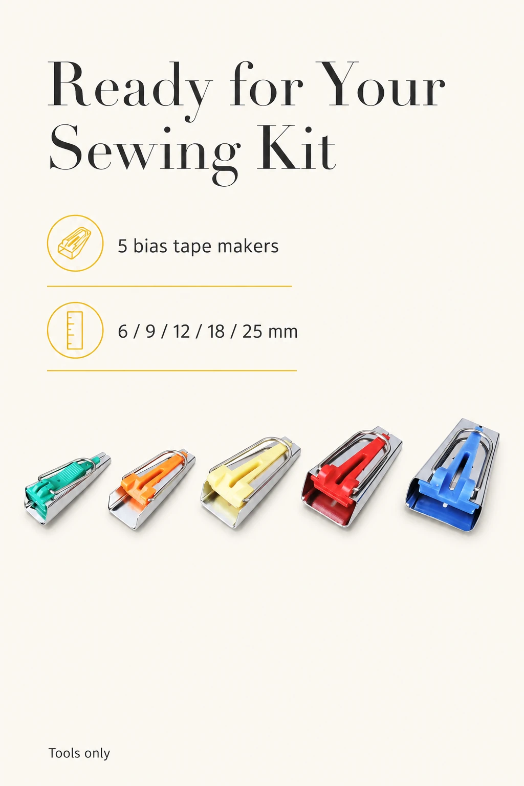 Five tools with the set contents and size list