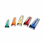 Five green, orange, yellow, red and blue bias tape makers on white