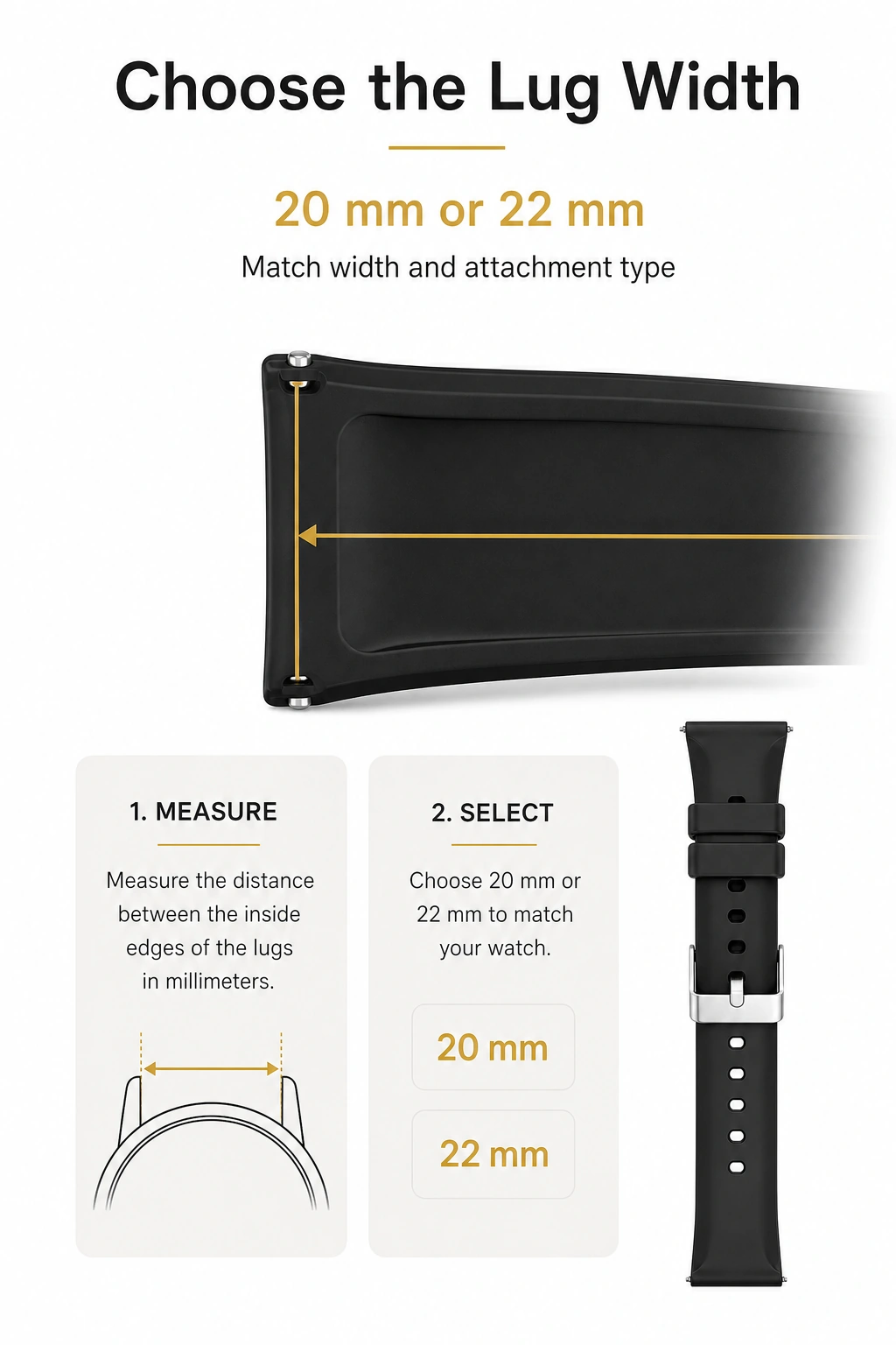 Watch-lug width diagram with 20 mm and 22 mm strap choices