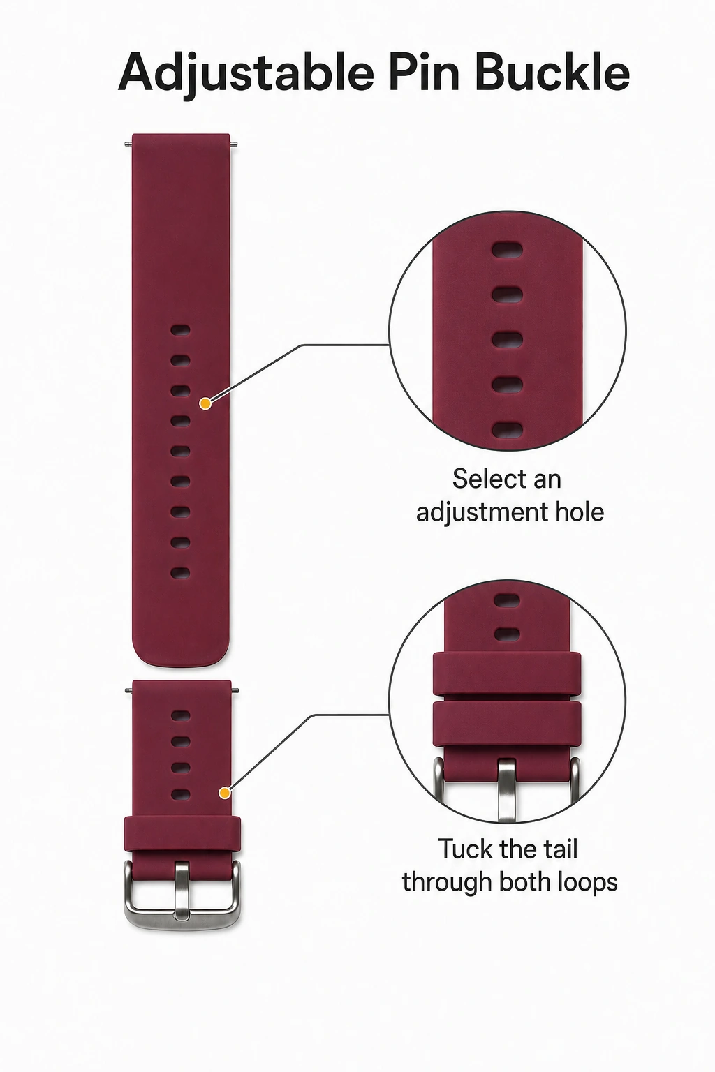 Wine-red strap graphic enlarging adjustment holes and both keeper loops