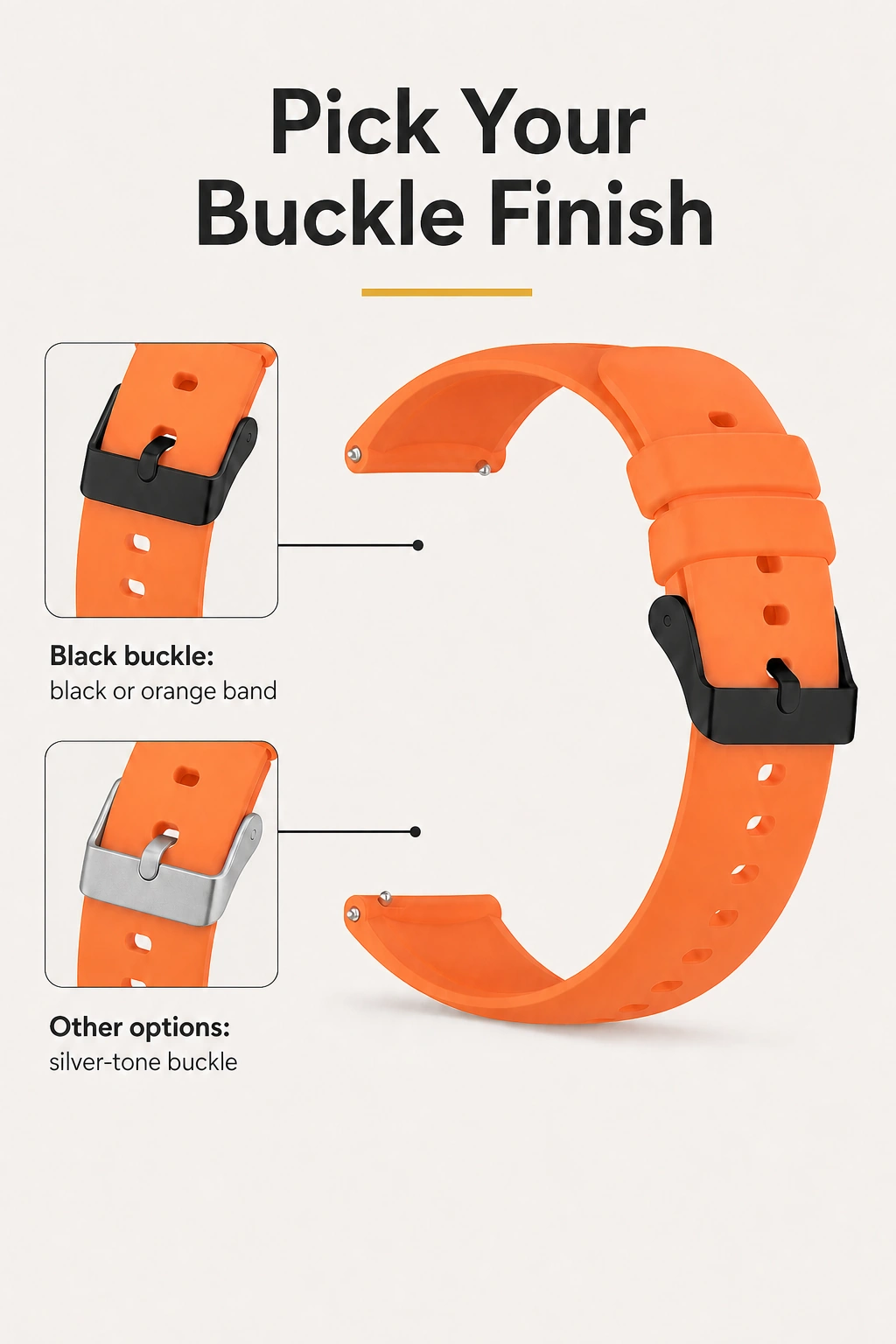 Orange strap infographic comparing black and silver-tone buckles