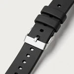 Close view of the black strap’s pin buckle, two keepers and adjustment holes