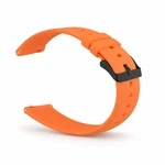 Orange silicone band curved to show its black buckle