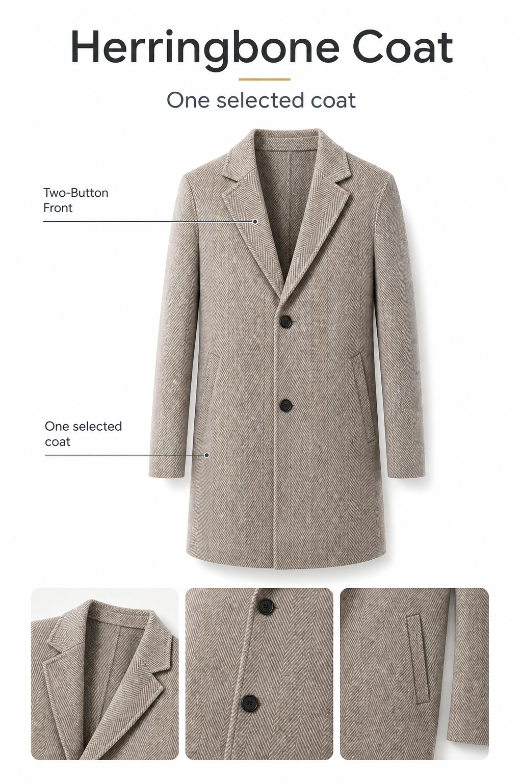 Khaki coat infographic with lapel, front-button and pocket detail panels