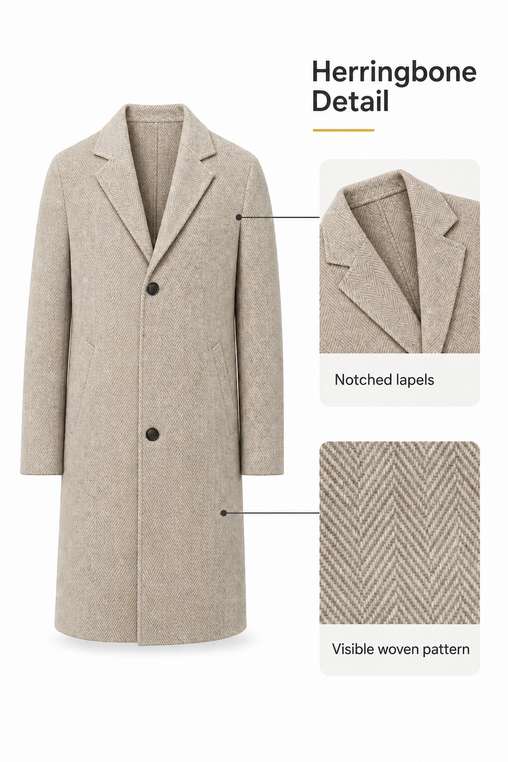 Herringbone fabric and notched lapel shown beside a khaki coat