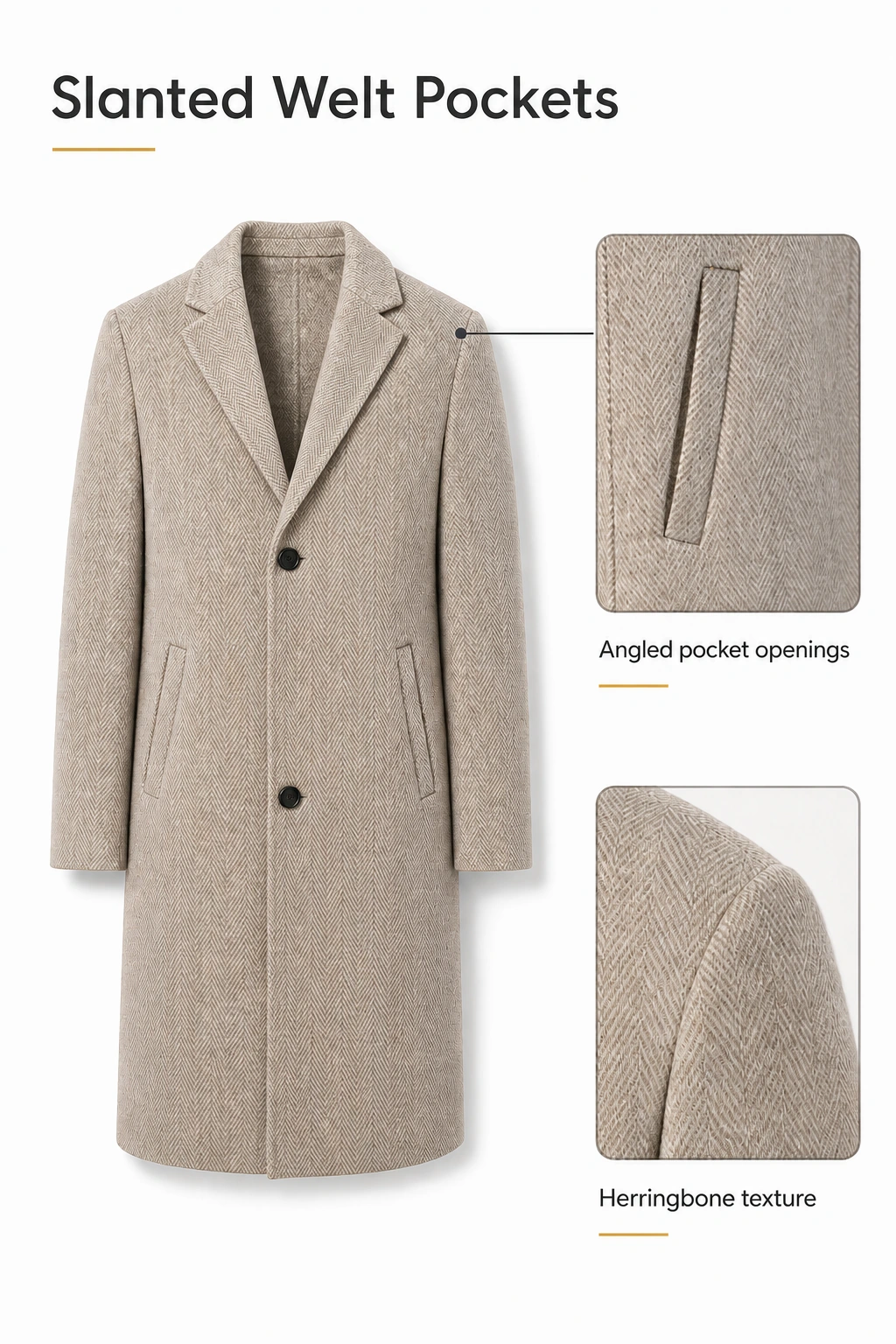 Slanted pocket opening and shoulder texture enlarged beside the khaki coat