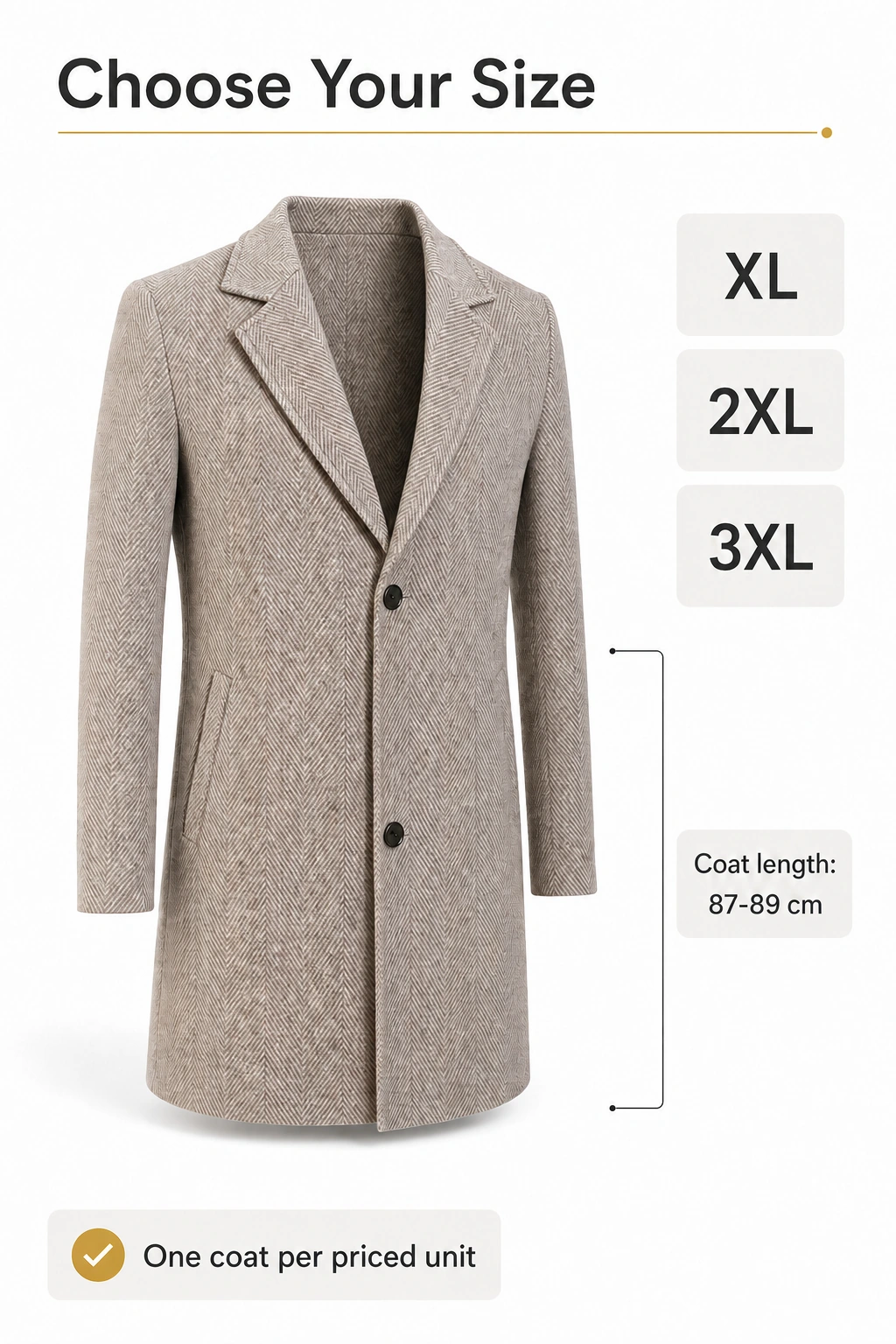 Coat size-selection graphic with M, L, XL, 2XL, 3XL and length 87–89 cm