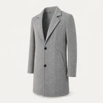 Gray coat in a three-quarter view showing the lapels and long sleeves