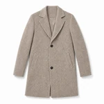 Khaki single-breasted coat laid flat with sleeves extended