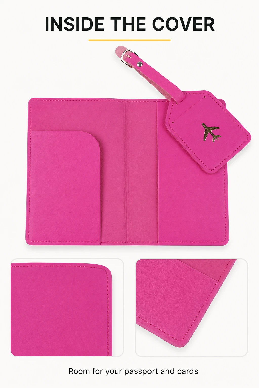 Étui fuchsia ouvert avec gros plans des pochettes et de l'étiquette