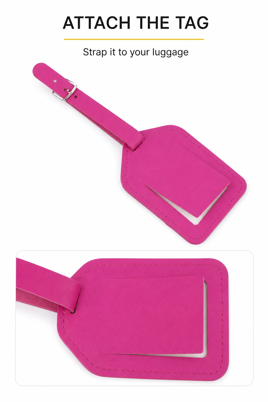 Verso de l'étiquette fuchsia avec ouverture pour fiche et sangle