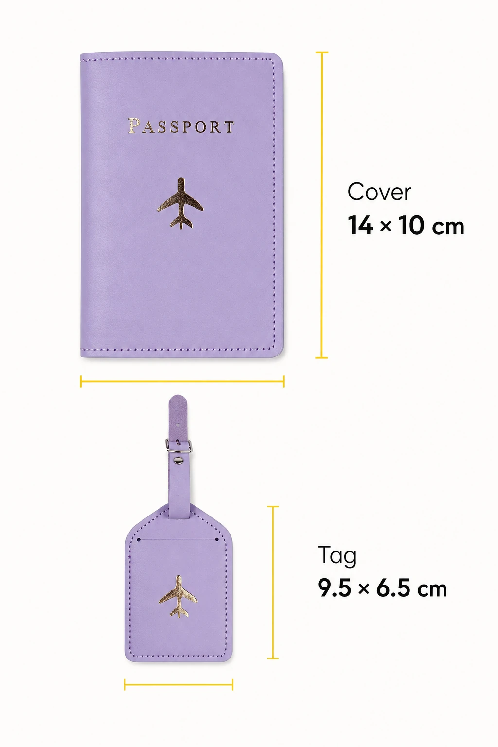 Étui mauve et étiquette avec mesures de 14 × 10 cm et 9,5 × 6,5 cm