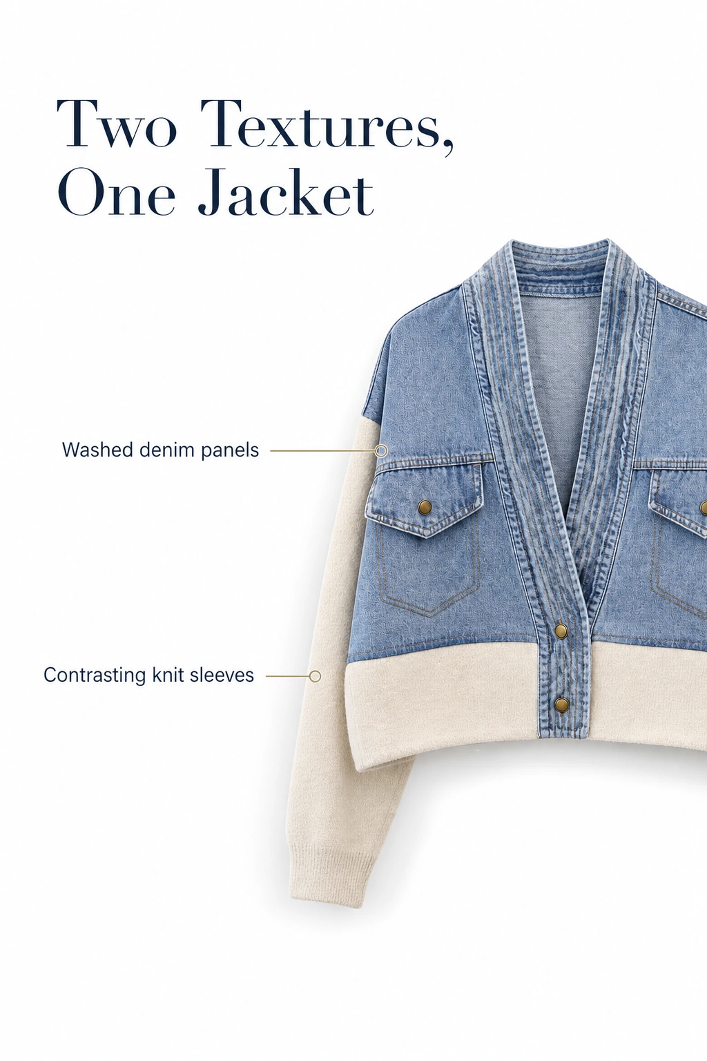 Denim panels paired with contrasting knit-style sleeves