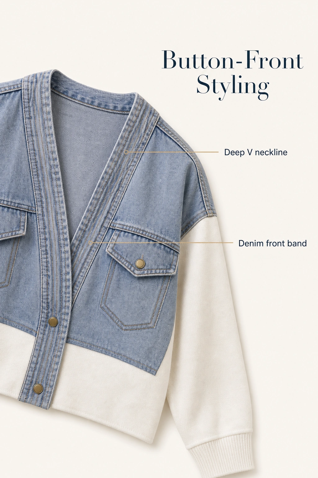 Deep V neckline framed by a denim button band