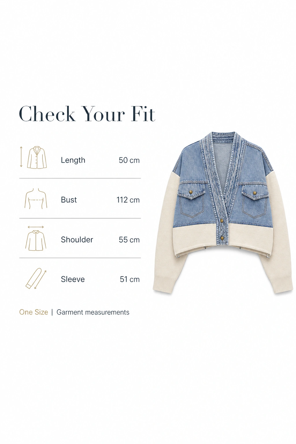 Garment measurements: length 50, bust 112, shoulder 55, sleeve 51 cm