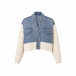 Blue denim jacket with beige sleeves and contrast hem