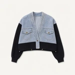 Black-sleeve denim cardigan shown from the front