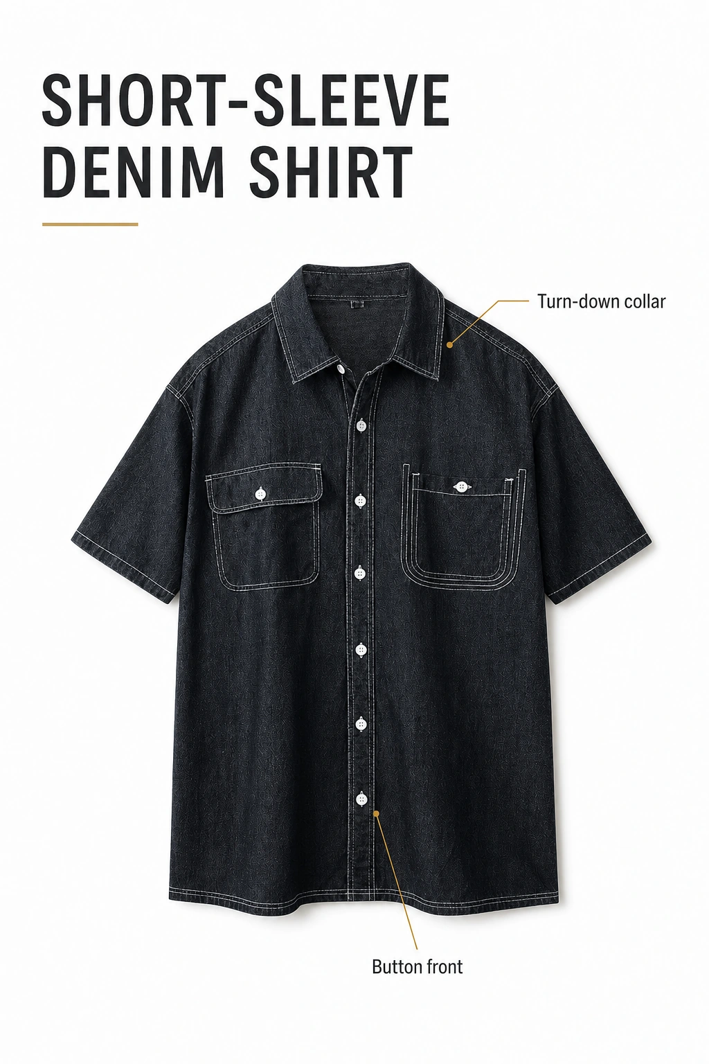 Black denim shirt with collar and button-front callouts