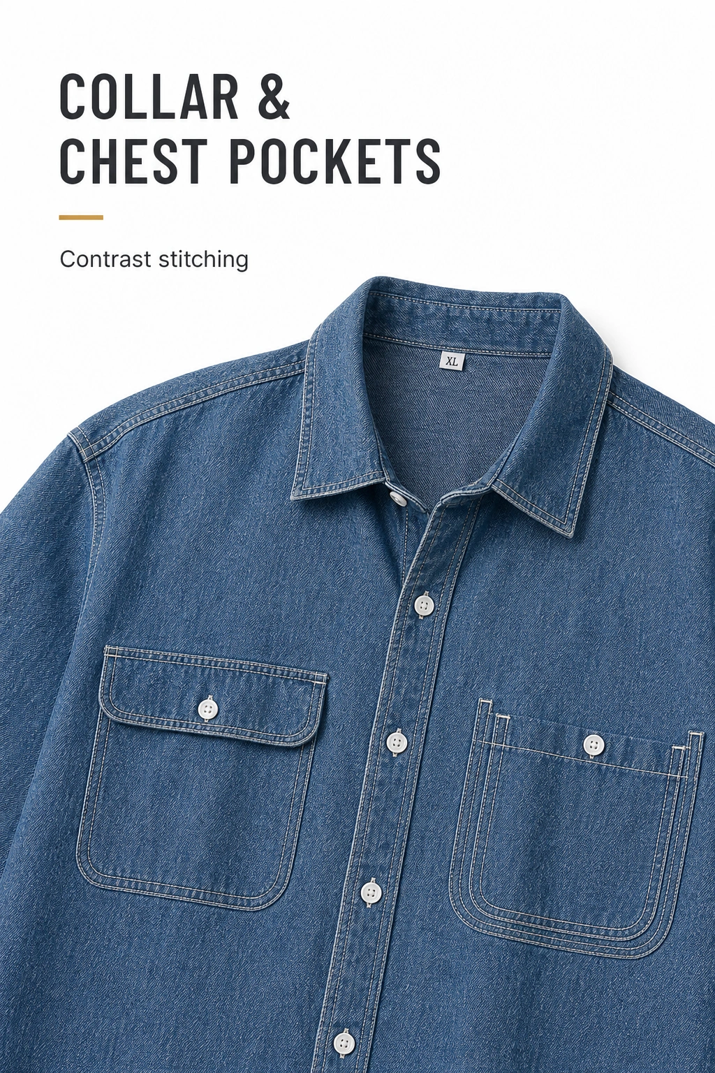 Blue shirt collar, contrasting seams and differently shaped chest pockets