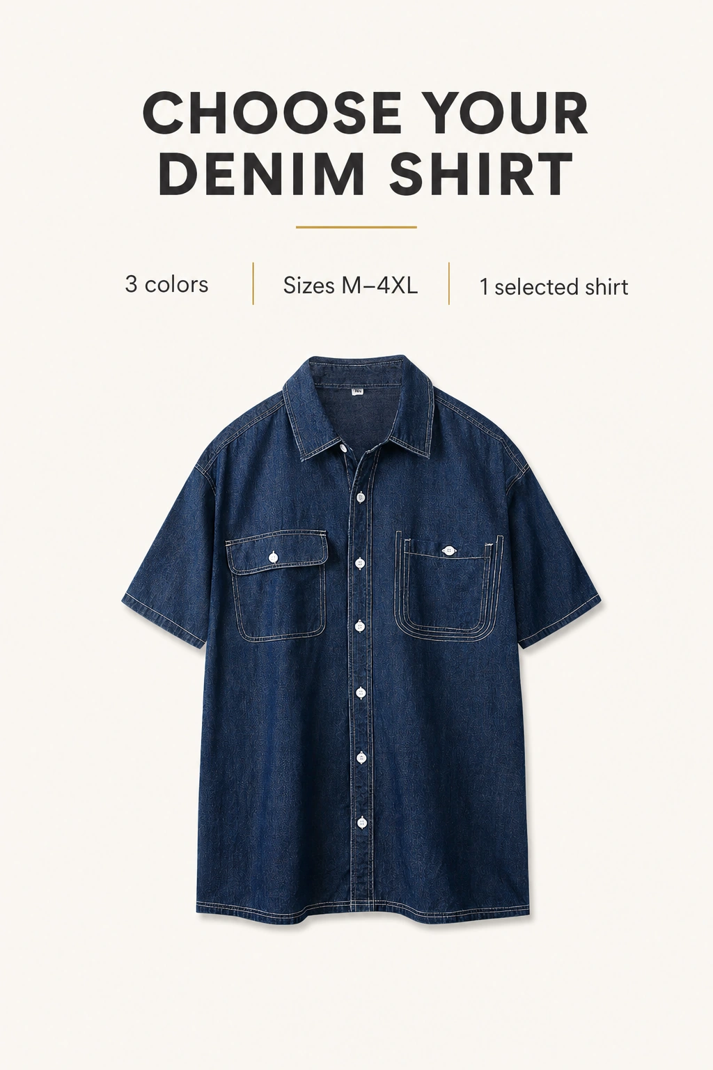 Dark blue shirt beside three-color, M–4XL and one-shirt information