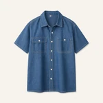 Blue denim shirt with white buttons and two chest pockets