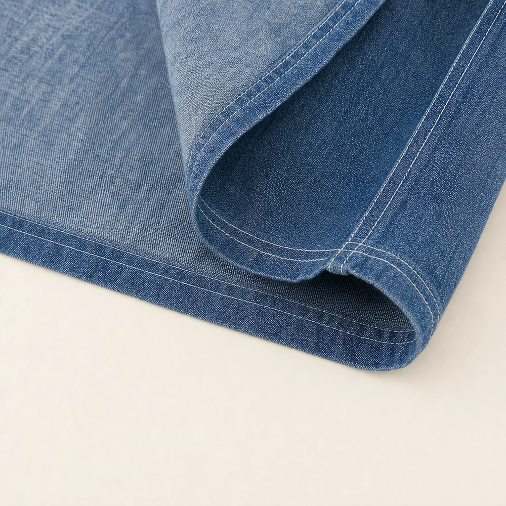 Curved hem, short side opening and contrast stitching on a blue denim shirt