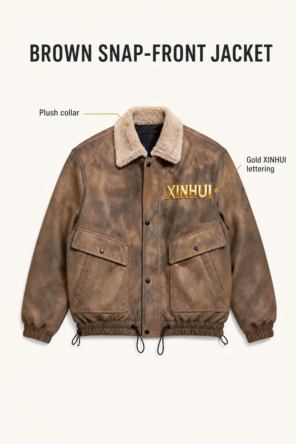 Brown jacket with callouts for the plush collar and gold chest lettering