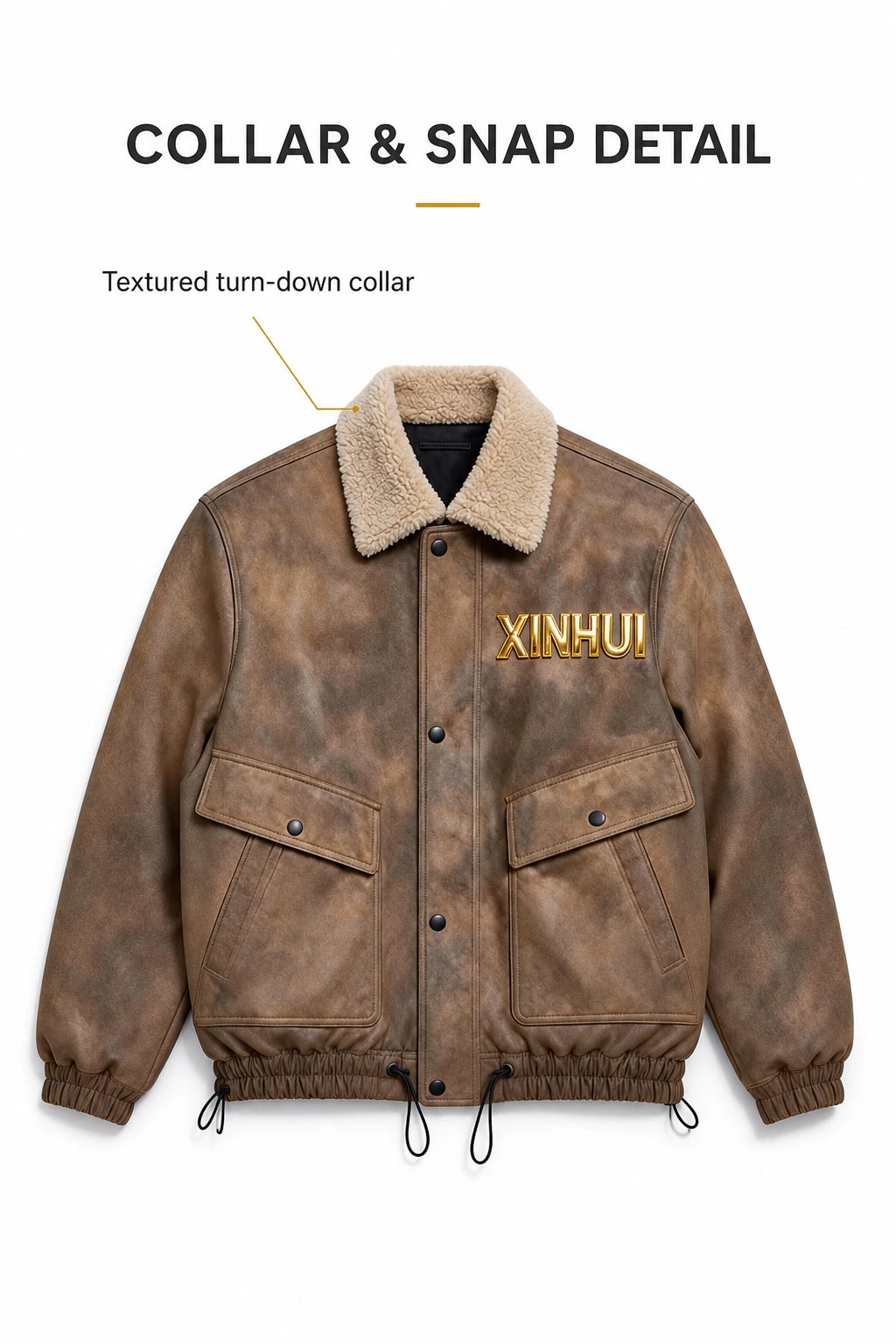 Cream collar and black snap front shown on the brown jacket