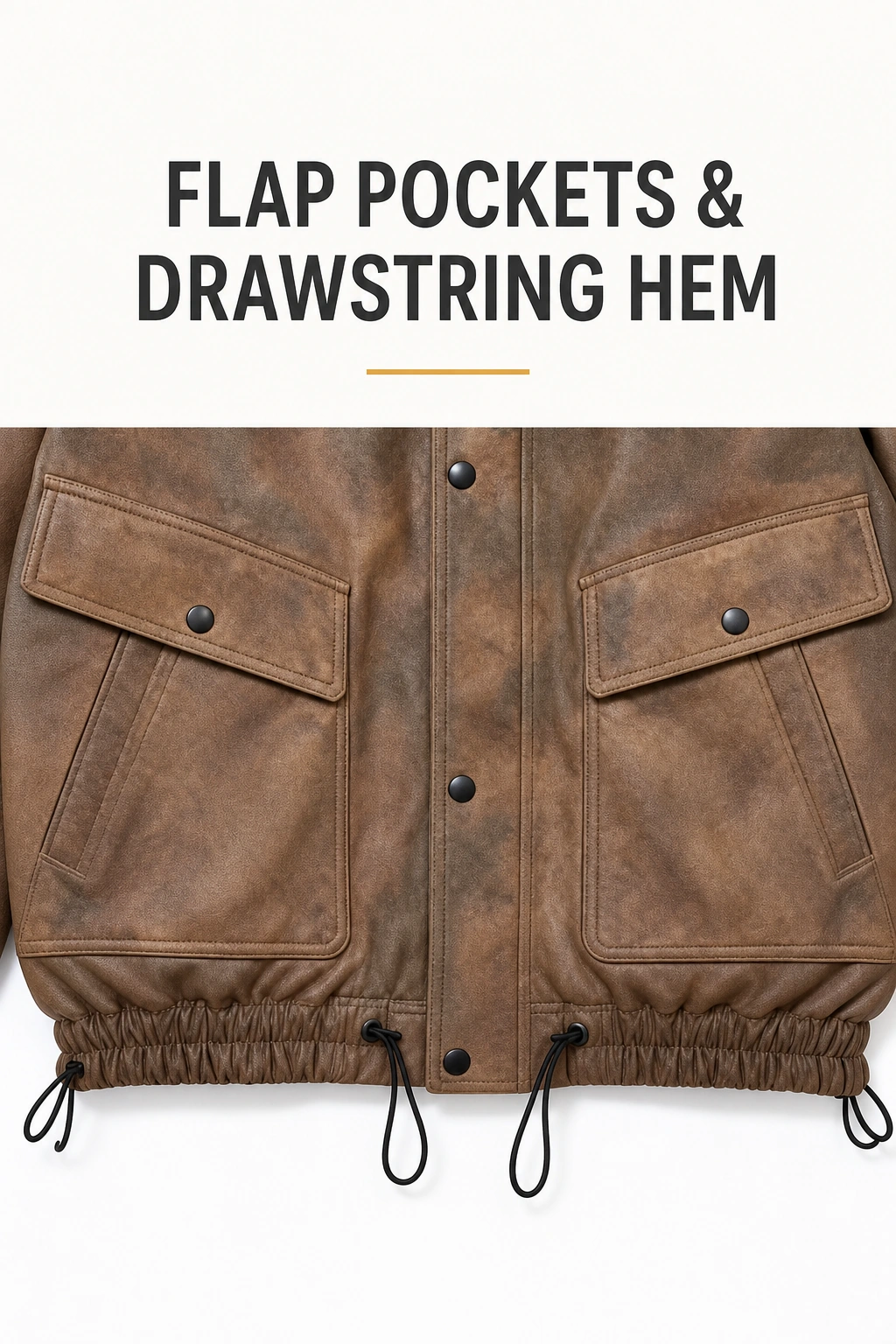 Brown jacket pocket flaps, black snaps and drawstrings at the hem