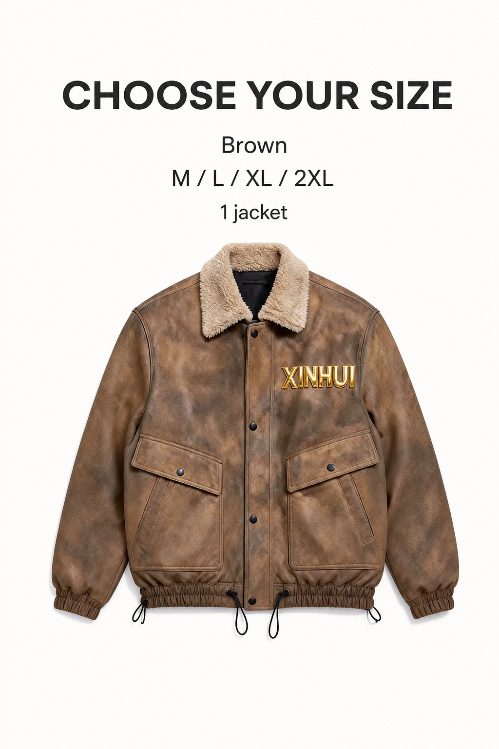 Brown jacket beside M, L, XL and 2XL size labels and one-jacket information
